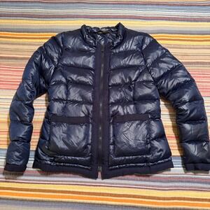 Tommy Bahama Navy Blue Quilted Puffer Jacket Grosgrain Trim Full Zip Womens S